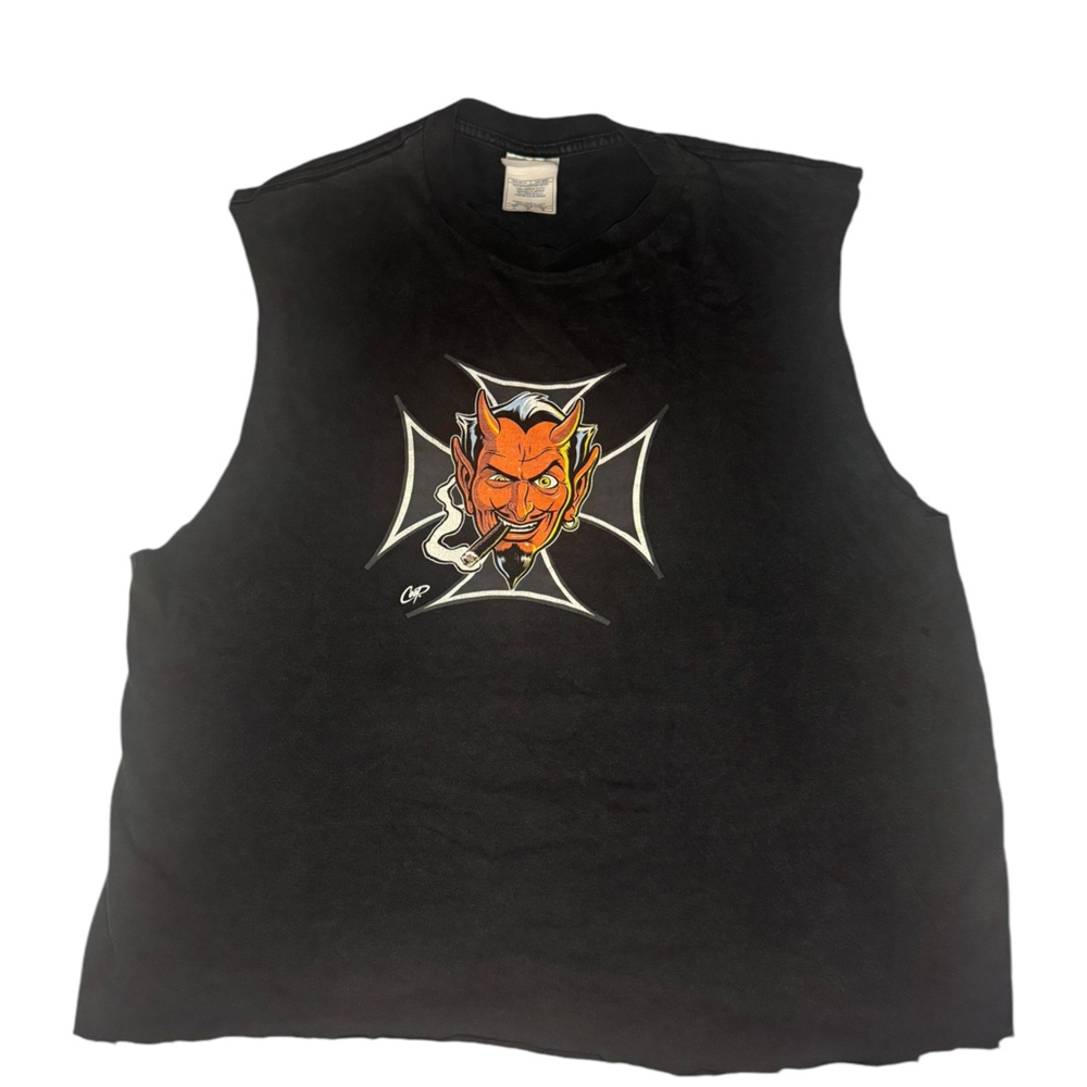 Vintage Sleeveless Graphic Tee with Devil Design